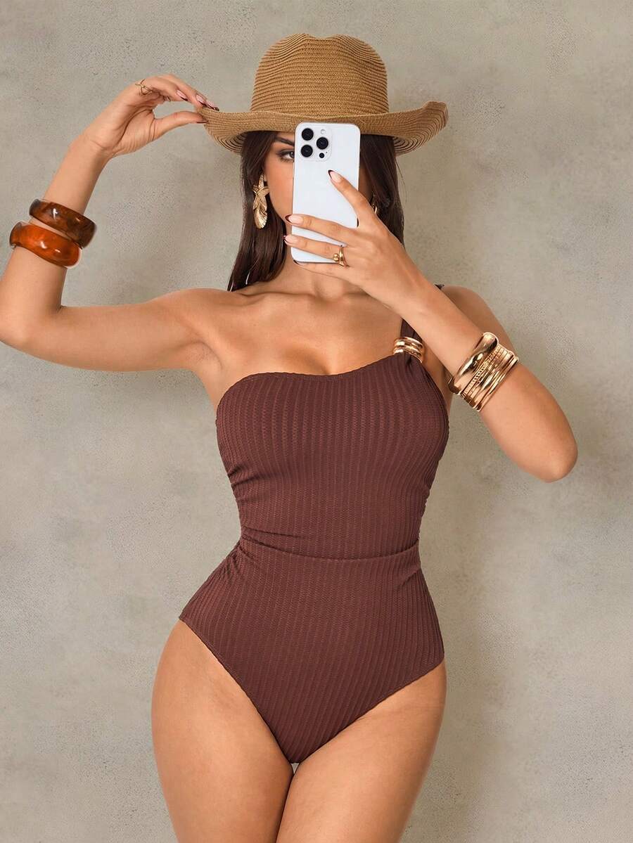 Shapewave 1pc Women's One-Piece Swimsuit With Tummy Control, Detachable Shoulder Strap, Textured Metal Buckle, Slim Fit, Brown - Brown - View 1