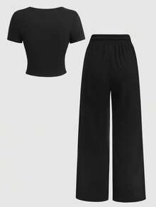 SHEIN 少女蝴蝶印花圆领短袖T恤和阔腿裤休闲套装 - 黑色 - 查看 2