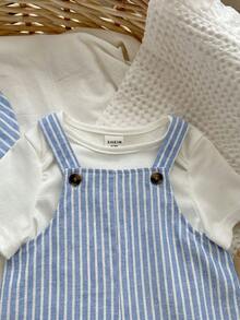 Set de 2 piezas de peto a rayas y sombrero de cubo de verano para bebé niño/niña, conjunto casual para el hogar, salidas y playa - Multicolor - Ver 3