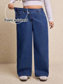 Elaquor Plus-Size Blue Women's High-Waisted Straight-Leg Jeans, Slimming And Comfortable With Elastic Waistband, Perfect For Spring Casual Wear,Going Out Pants - Dark Wash - View 2