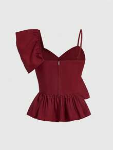 ROMWE Kawaii Women's Solid Color Ruffle Splice Fashionable Versatile Date Casual Top - Burgundy - View 2