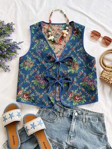 Soleia 女士度假休闲蓝色复古热带植物提花系带纹理面料背心 - 彩色 - 查看 5