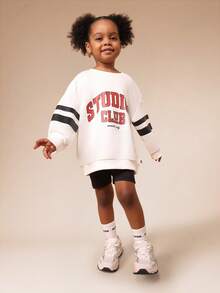 SUMWON Studios Club White Pullover Hoodie With Black Striped Sleeves And Black Cycling Shorts Co-Ord Set For Kids Fall Winter Casual Wear Vacation - White - View 5