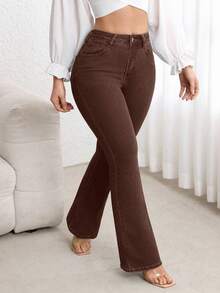 Flexra Plus Size High Waist Slim Fit Flare Leg Washed Dark Blue Jeans - Coffee Brown - View 3