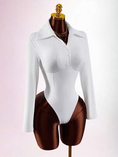 Amplova 女士纯色半开襟直肩长袖修身时尚连体衣