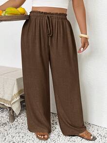 SHEIN Frenchy Plus Size Women Casual Ruffle Waist Tie Pants Fall - Rust Brown - View 6