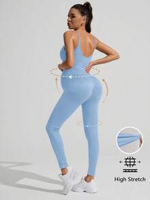 SHEIN Bộ áo liền quần thể thao ôm sát không tay màu trơn dành cho bà bầu - Màu xanh nhạt - Xem 2
