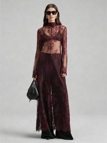 Ontre Women's Burgundy Lace Fabric Fitted Waist Long Dress, Urban Chic Business Casual Elegant Versatile Everyday Dress, Party Cocktail Dress For Summer - Burgundy - View 4