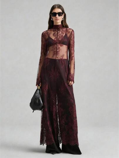 Ontre 2026SS Vestido largo de mujer de silueta ajustada con cintura ceñida, de tela de encaje burdeos, elegante y versátil para uso diario, fiesta, cita de verano, vacaciones, oficina y talla grande, estilo urbano chic y casual elegante