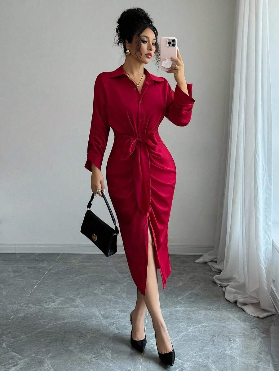 SHEIN Clasi Đầm sơ mi thường ngày tay dài xếp ly màu trơn cho nữ, mùa thu - Đỏ - Xem 1