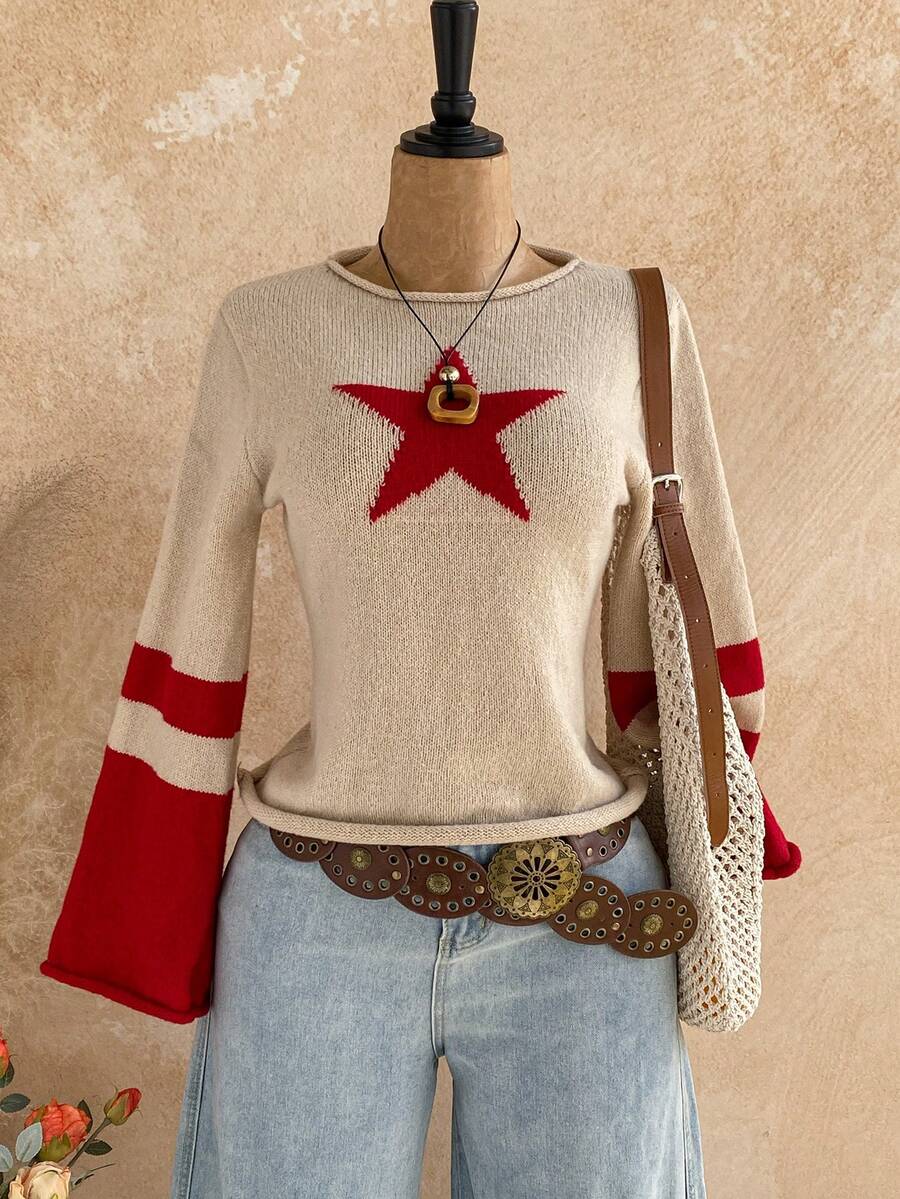 Soleia 新款休闲度假西部海滩婚礼宾客着装、毕业早午餐、圣帕特里克节春假、复活节、音乐节、优雅波西米亚热带喇叭袖星形图案女式毛衣，秋冬女装 - 紅白色 - 查看 1