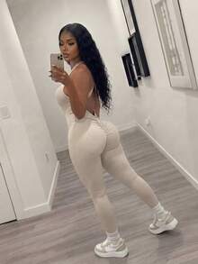 Slaydiva Women's Tight Jumpsuit,Light Beige,Summmer,Bandage,Night Out,Backless Sleeveless Cross Back Hip Pleated Sporty Gym Clothes,Khaki Pants - Khaki - View 9