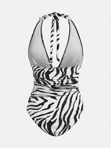 Maija Women's Vacation Beach Zebra Print Backless Halter One-Piece Swimsuit - Black - View 6