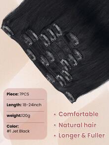 7 piezas, 120g, extensiones de cabello humano real de color negro azabache, extensiones de cabello humano rectas Remy con clips - S1 - Ver 3