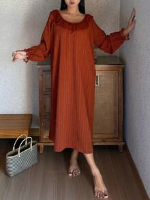 DAZY Women's Lace Ruffle Collar Tie Back Textured Chiffon Loose Lantern Sleeve Nightgown - Brown - View 8