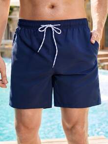 Manfinity Swimmode 男士夏季度假风抽绳腰斜口袋沙滩短裤宝蓝色泳裤男士蓝色泳裤男士沙滩装纯色泳裤 - 藏蓝色 - 查看 1