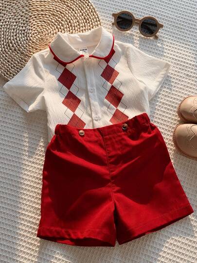 SHEIN 2pcs Baby Boy Summer Red Plaid Collar White Shirt And Red Shorts Casual Outfit, Suitable For Birthday Party, Rave, Evening Party, Performance, Wedding, Baby Shower, Christening And 1st Birthday Celebration