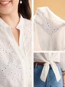 Momelise Plus Size Women's White Autumn Elegant Party Shirt,Hollow Lace Eyelet Blouse With Tie Front Twisted Hem, Boat Neck For Work&Daily Commuting - White - View 2