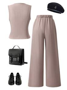 Reset Phase 2件套少女休闲卡其色无袖翻领单排扣马甲+阔腿裤套装，适合上学、活动、比赛、家庭聚会等场合。 - 卡其色 - 查看 9