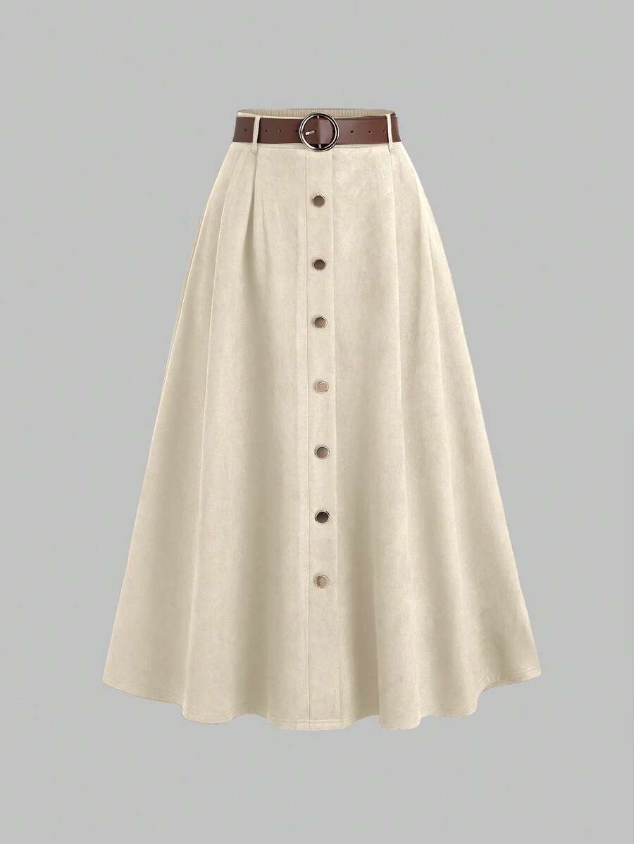 Sweetra 女士咖啡棕色仿麂皮单排扣半身裙，秋冬款 - 卡其色 - 查看 1