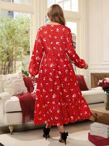 EMERY ROSE 大码优雅波点花卉印花灯笼袖连衣裙 - 紅白色 - 查看 4