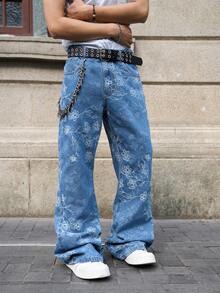 Manfinity EMRG 男士提花直筒喇叭牛仔裤 - 中等水洗藍 - 查看 3