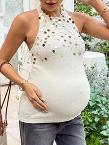 SHEIN Maternity Clothes Maternity Tops Pregnant Women's Fashionable Sequin Halter Tie-Up Knit Top, Summer Vacation - Apricot - View 3