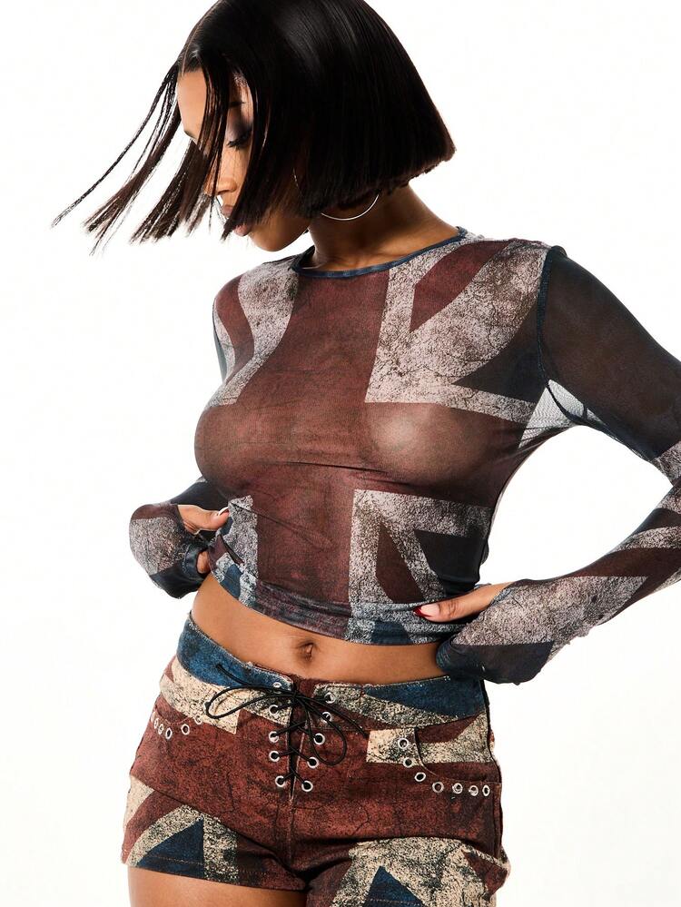 SUMWON WOMEN UK Flag Print Long Sleeve Mesh Crop Top