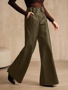 Anewsta Women's PU Leather High Waist Wide Leg Pants, Casual Business Wear, New European And American Style, Suitable For Halloween, Autumn/Winter - Army Green - View 7