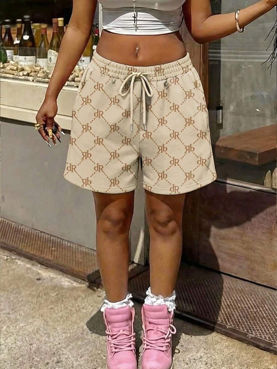 Rovax 女士字母印花抽绳腰带休闲百搭日常短裤 - 彩色 - 查看 1