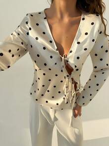 Rafferiza 女士优雅通勤系带波点印花V领衬衫 - 白色 - 查看 7