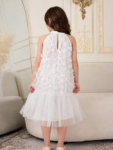 Vestido infantil feminino com gola alta, estampa de borboletas e patchwork em tule. Ideal para uso casual, diário e festas. - Branco - Ver 2