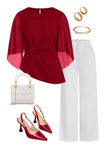 Ellevyn Elegant Chiffon Sleeve Crew Neck Blouse - Red - View 1
