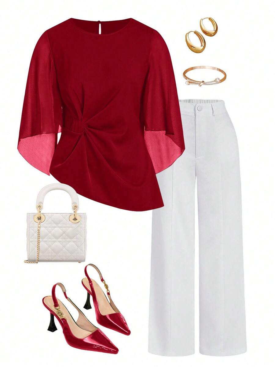 Ellevyn Elegant Chiffon Sleeve Crew Neck Blouse - Red - View 1