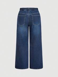 Sweetra 大码女式春季休闲宽松口袋阔腿牛仔裤，百搭 - 深色水洗藍 - 查看 2