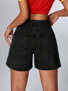 SHEIN PETITE Quần short denim dáng rộng thoải mái dành cho nữ, có túi. - Màu xám đen - Xem 2