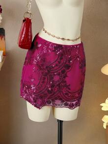 Femesol Chân váy ngắn đính sequin lấp lánh, vạt bất đối xứng dành cho nữ, hàng mới về mùa xuân/hè, phong cách Y2K cho kỳ nghỉ, tiệc tùng, Valentine, kỳ nghỉ hè, chân váy sequin màu hồng. - Màu Hồng Tươi - Xem 1