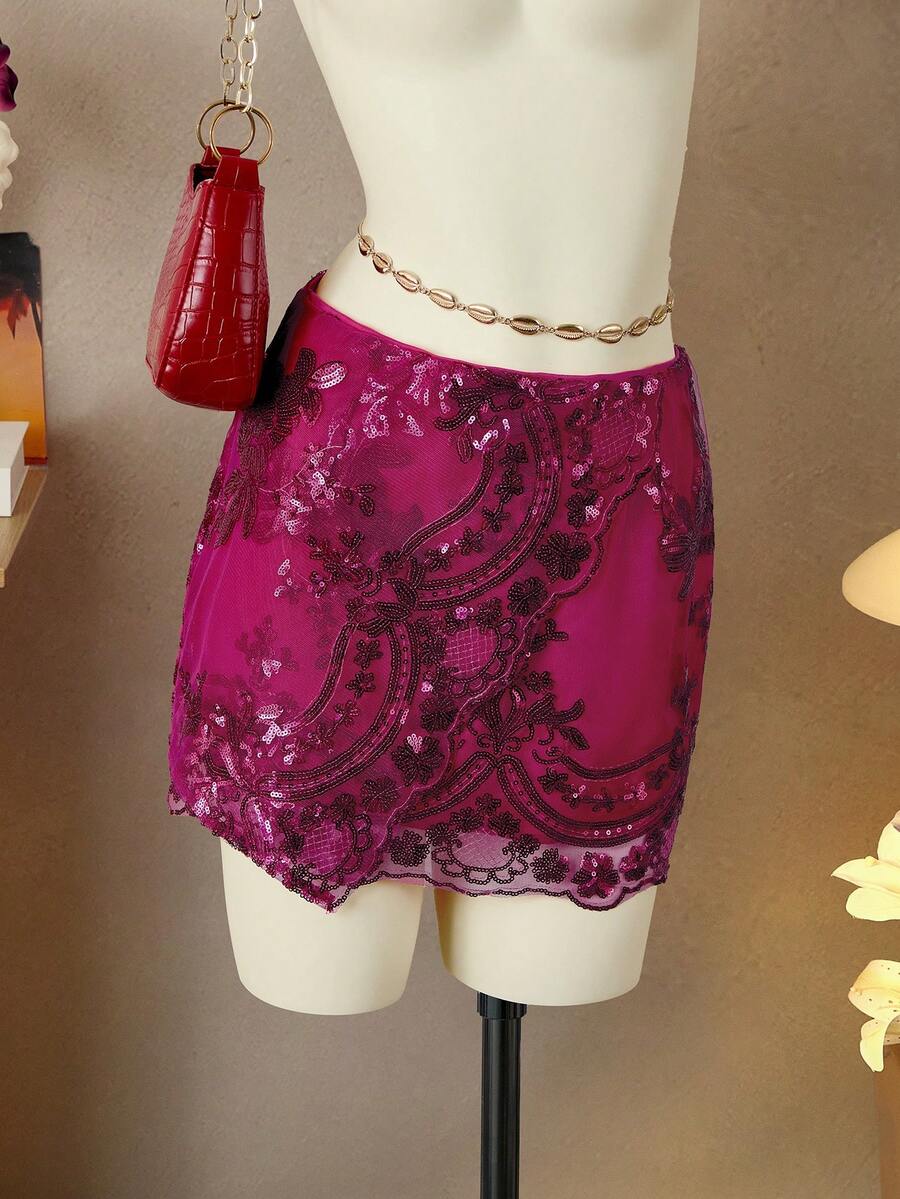 Femesol Chân váy ngắn đính sequin lấp lánh, vạt bất đối xứng dành cho nữ, hàng mới về mùa xuân/hè, phong cách Y2K cho kỳ nghỉ, tiệc tùng, Valentine, kỳ nghỉ hè, chân váy sequin màu hồng. - Màu Hồng Tươi - Xem 1