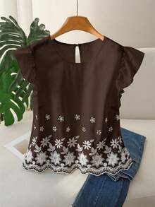 CosyJoli Plus Size Women Comfortable Cap Sleeve Embroidered Hem Blouse, White Casual Shirt For Commuting, Dating, Vacation, Spring/Summer - Brown - View 1
