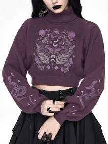 ROMWE Goth Suéter corto de cuello alto en color oscuro para mujer, blusa de punto con mangas abullonadas y estampado jacquard de piel de serpiente y mariposa vintage, otoño/invierno - Morado - Ver 4