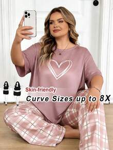 SHEIN CURVE+ 加大码女式爱心印花落肩上衣和格子裤睡衣套装，情人节 - 淺粉色 - 查看 1