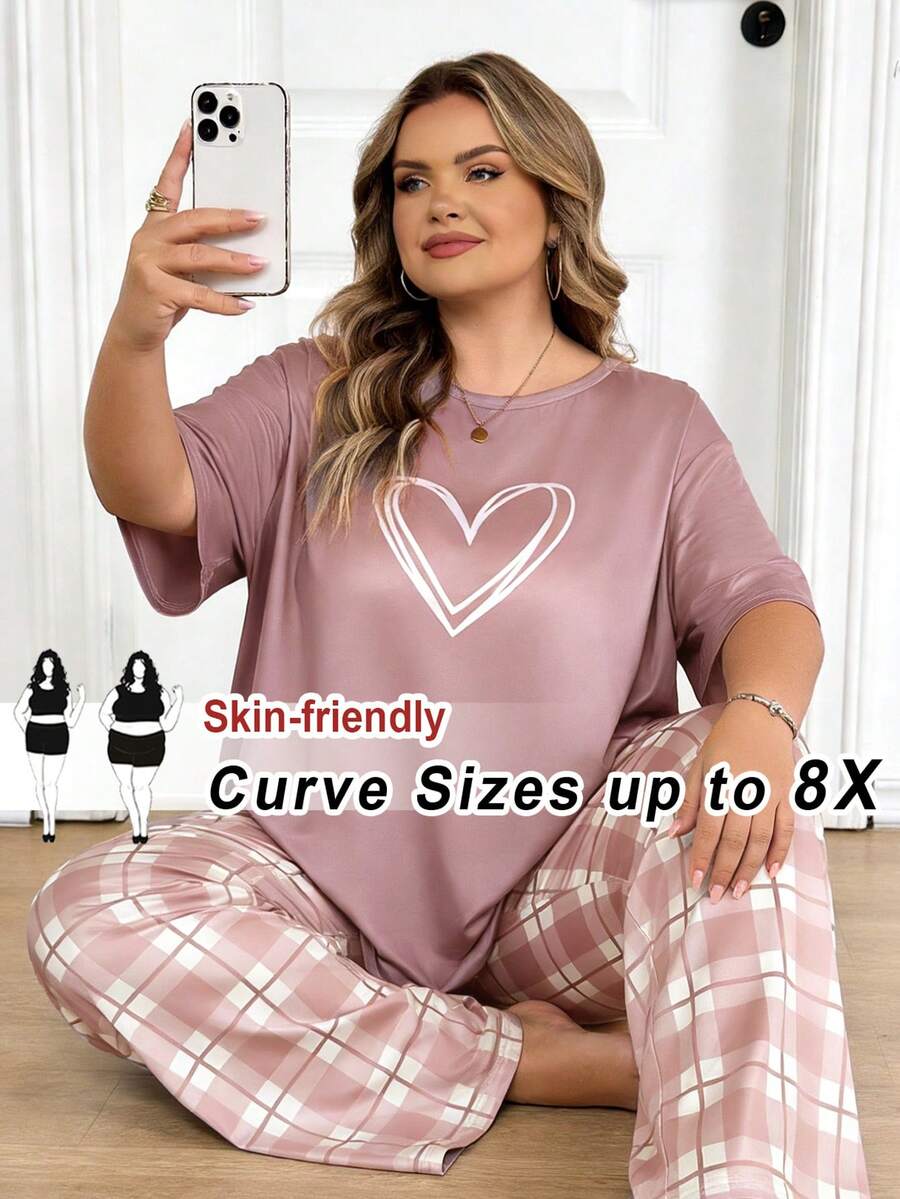 SHEIN CURVE+ 加大码女式爱心印花落肩上衣和格子裤睡衣套装,情人节 - 淺粉色 - 查看 1