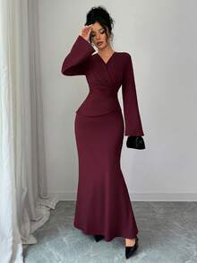 SHEIN Elenzya Women's Elegant Long Red Dress, New Year Dress, New Year Outfit, Thanksgiving Outfit, Elegant Party Dress, Long Party Dress, Wedding Guest Dress, Fashion Wedding Evening Gown - Burgundy - View 5