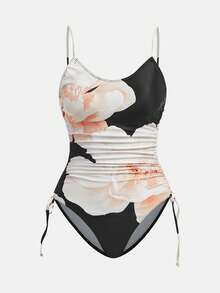 Maija Dambaddräkt med blommönster, rynkad, avslappnad semester och spaghettiband, i ett stycke för fest - Svart - Visa 6