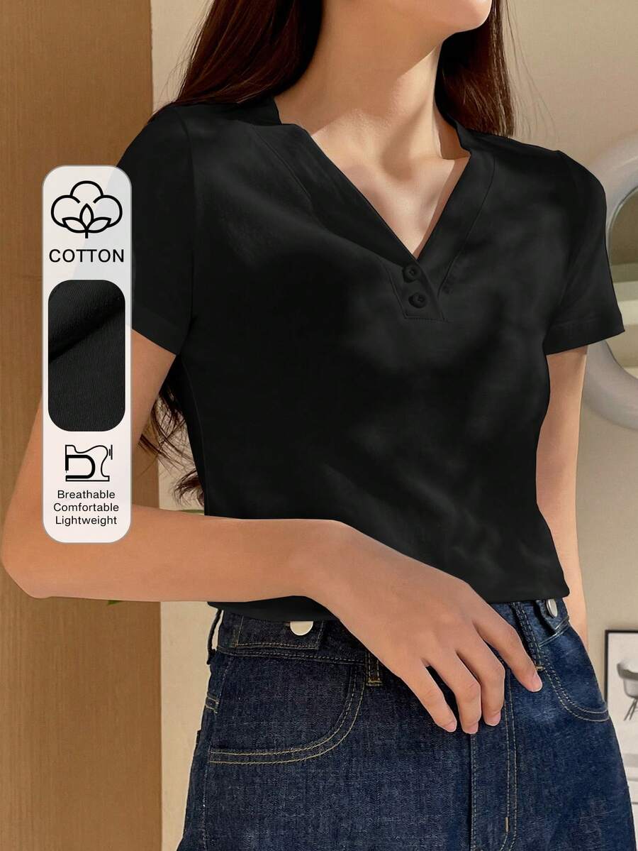 Dazy Designer 女士夏季纯色V领休闲短袖T恤、短款上衣 - 黑色 - 查看 1