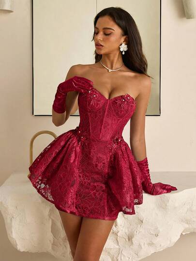 Vowa Vestido elegante, grácil y noble de estilo palaciego con encaje blanco, sin tirantes, con ballenas, cintura ceñida y silueta evasé, adecuado para despedida de soltera, boda, temporada de graduación, vacaciones, fiesta de novia y Día de San Valentín