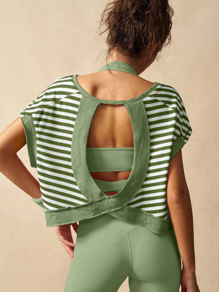 VARSITIE Workout Women Tops Women Striped Fashion Sports T-Shirt & Tank Top, Suitable For Summer - Olive Green - View 1