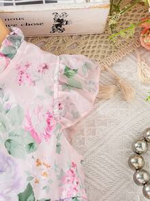 Glamorique Kids 2-5岁女婴夏季玫瑰印花无袖泡泡袖连衣裙，后背拉链，优雅百搭，甜美可爱，适合休闲穿着。 - 粉色 - 查看 8