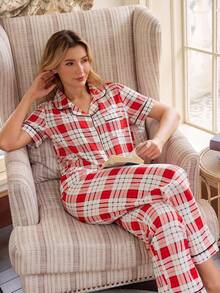 Doze Lane Bộ đồ ngủ nữ cổ kẻ caro, kiểu dáng mở phía trước - Đỏ và trắng - Xem 3