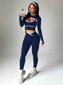 Dewbera 3件套女士无缝罗纹运动套装，长袖披肩领上衣，撞色背心，高腰紧身打底裤 - 藏蓝色 - 查看 1